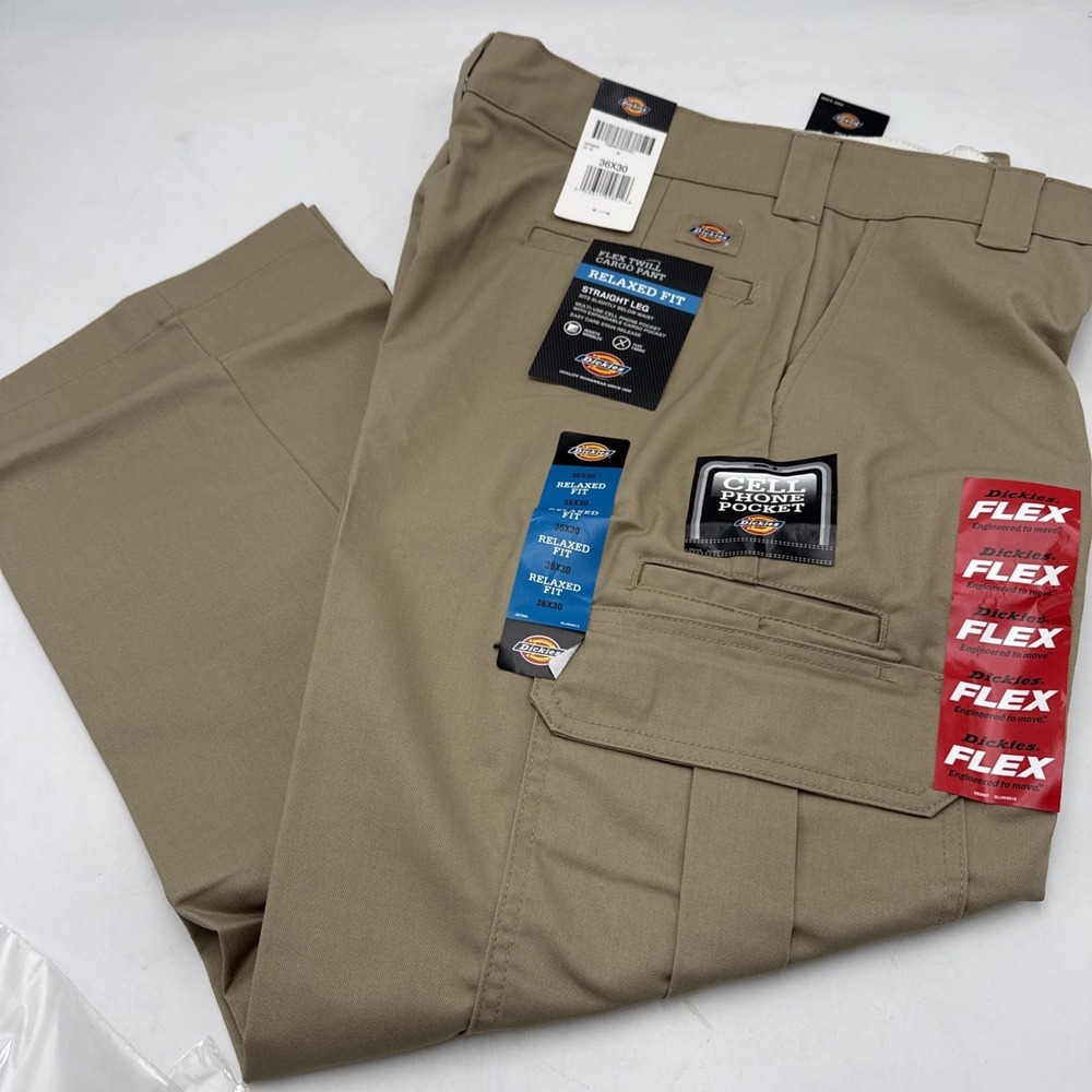 Dickies Cargo Pants Mens 36x30 Khaki Solid Flex Twill Relaxed Straight WP598DS